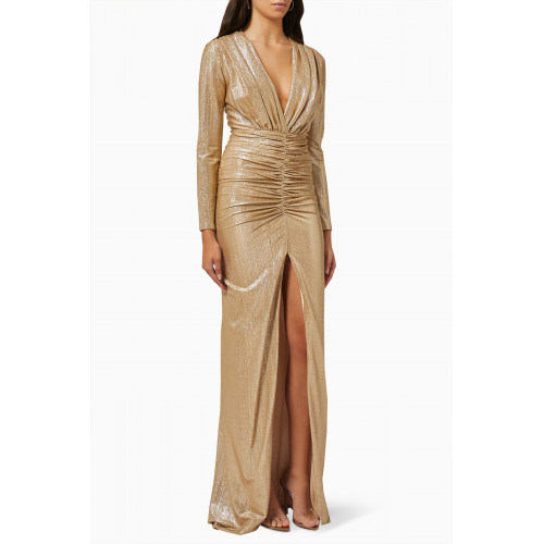 Costarellos - Alisha Ruched Gown in Metallic Jersey