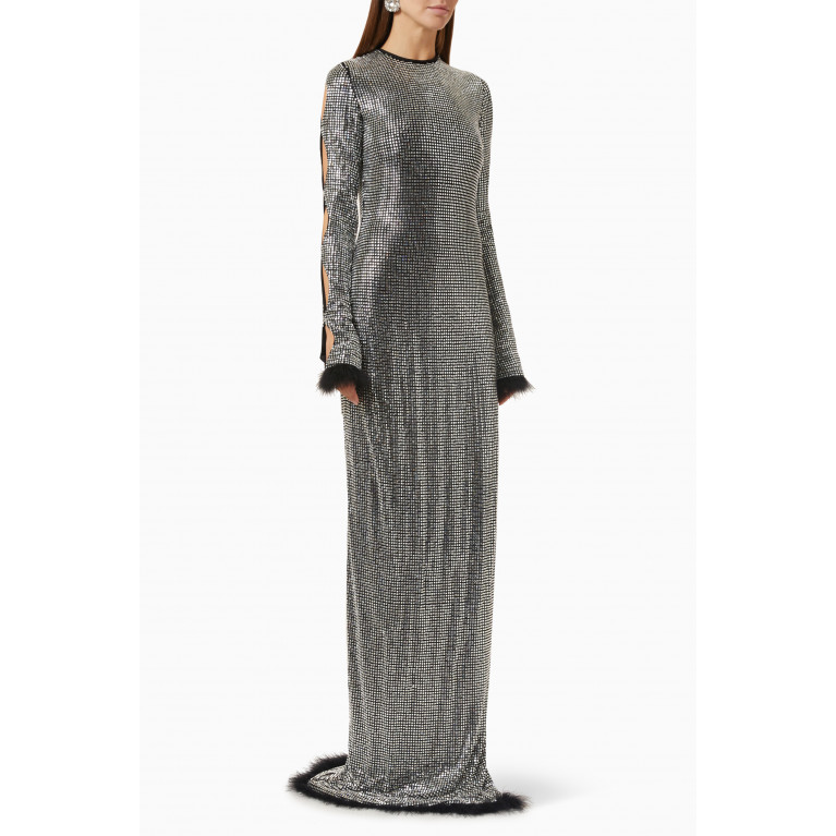 Mach&Mach - Feather-trimmed Crystal-embellished Maxi Dress in Stretch-mesh
