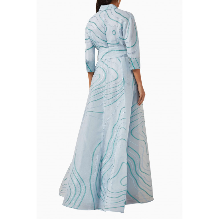 Teri Jon - Belted Shirt Gown in Jacquard Blue