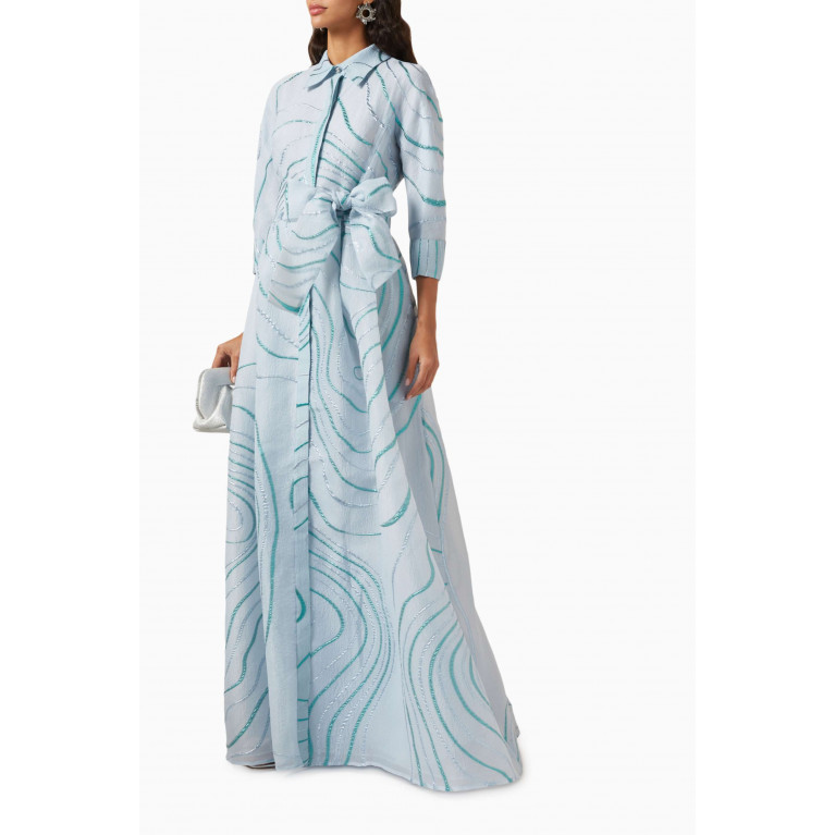 Teri Jon - Belted Shirt Gown in Jacquard Blue