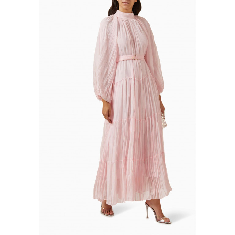 Qui Prive - Pleated Balloon-sleeve Maxi Dress Pink