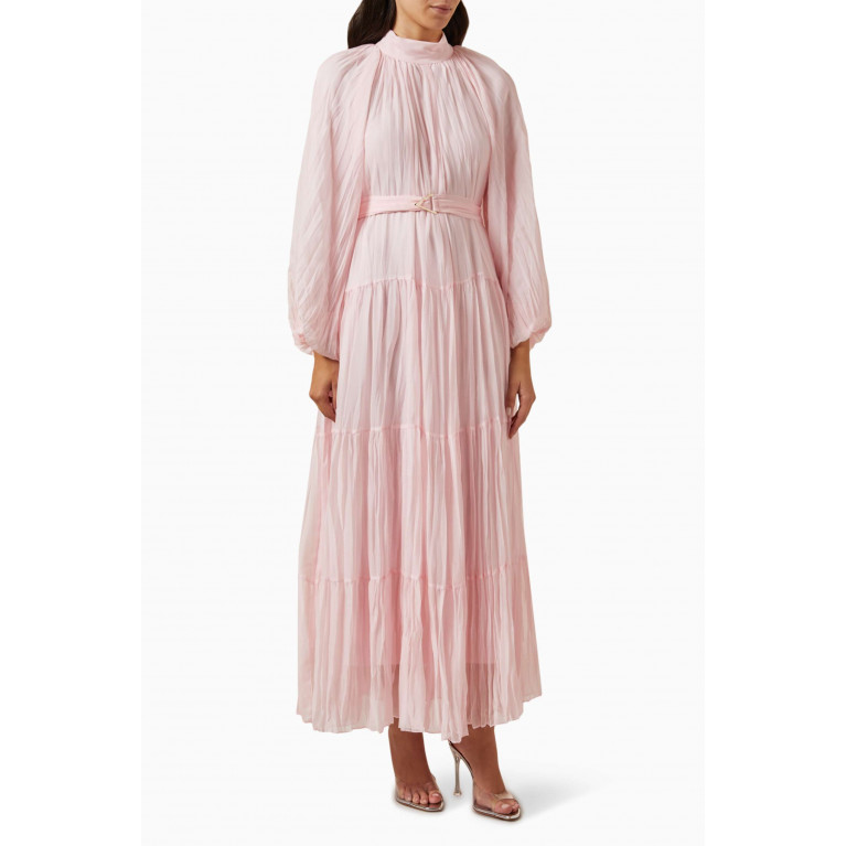 Qui Prive - Pleated Balloon-sleeve Maxi Dress Pink