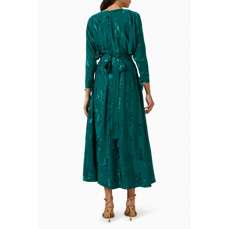 Qui Prive - Floral Belted Midi Dress in Jacquard Green