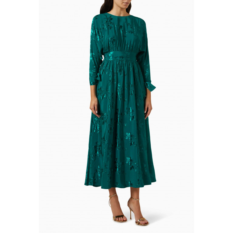 Qui Prive - Floral Belted Midi Dress in Jacquard Green