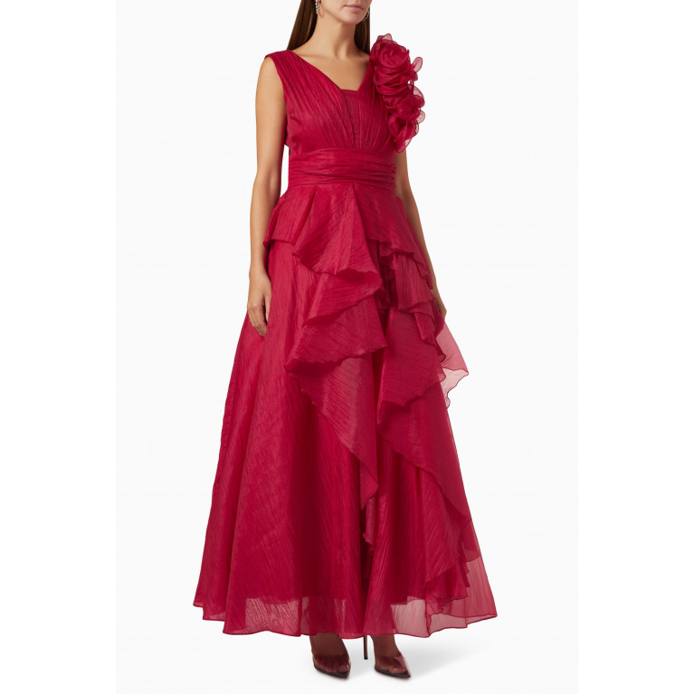 Aanchal Chanda - Ruffle Maxi Dress in Organza Red