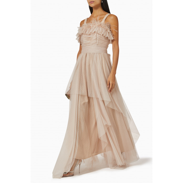 Amri - Feather Trim Dress in Tulle Neutral