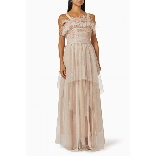 Amri - Feather Trim Dress in Tulle Neutral