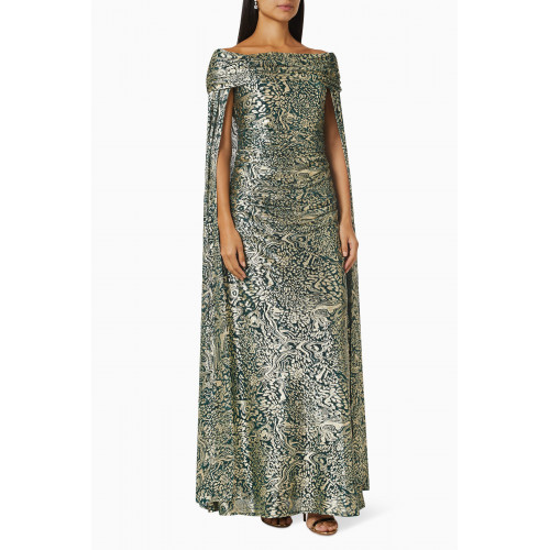 Amri - Printed Off-shoulder Cape Dress Green