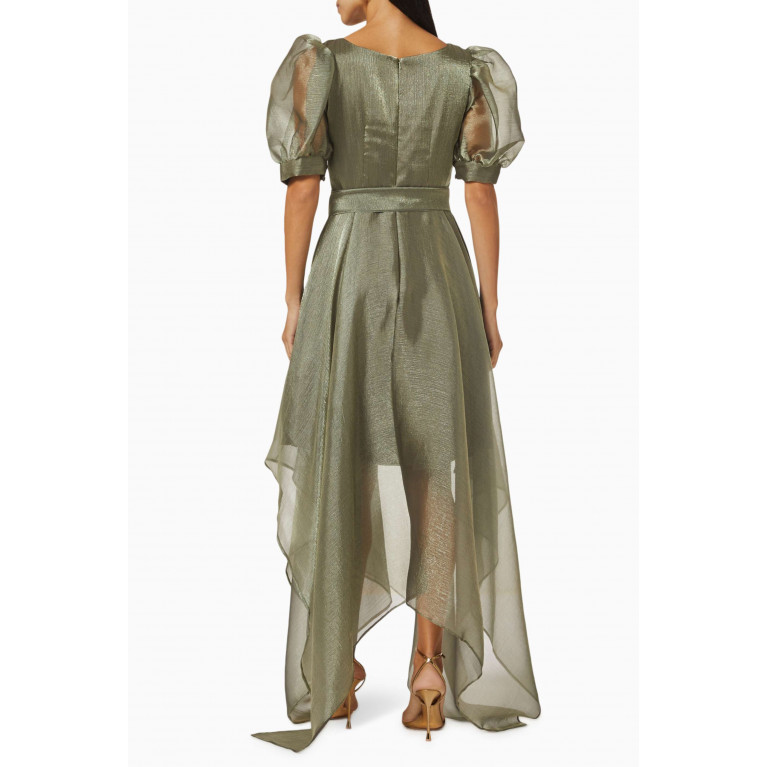 Amri - Embroidered Puffed-sleeves Maxi Dress Green