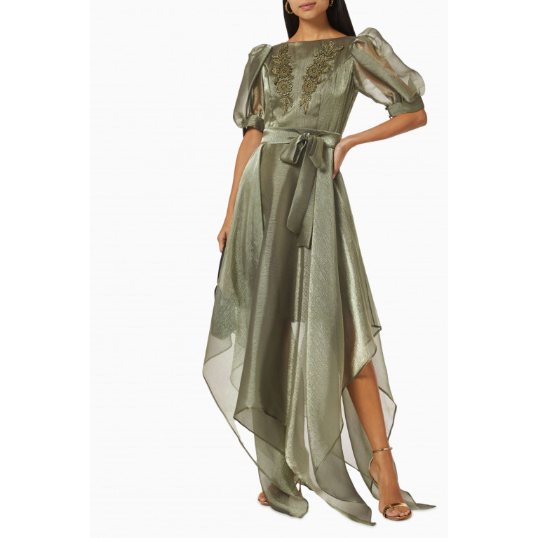 Amri - Embroidered Puffed-sleeves Maxi Dress Green