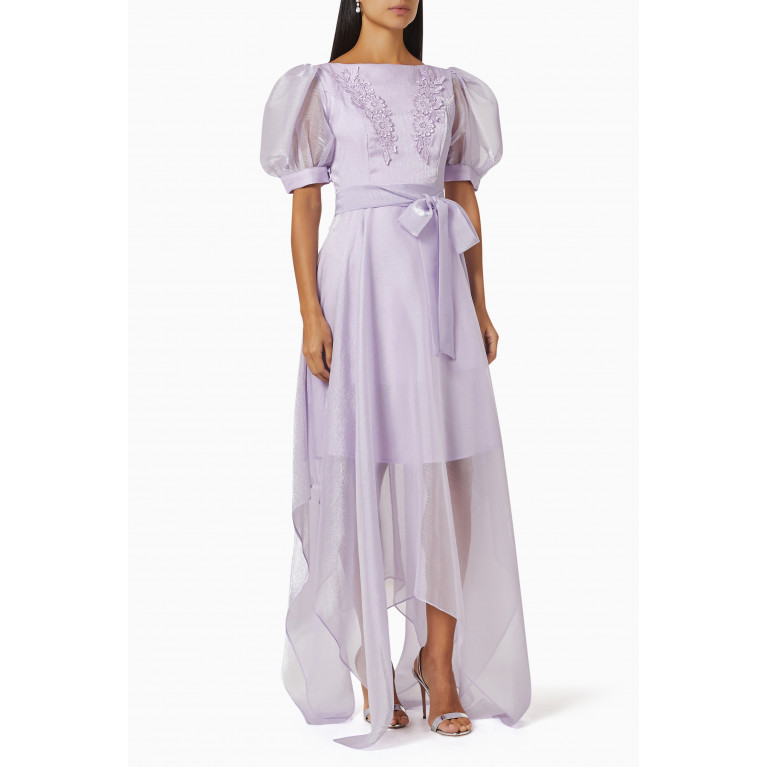 Amri - Embroidered Puffed-sleeves Maxi Dress Purple