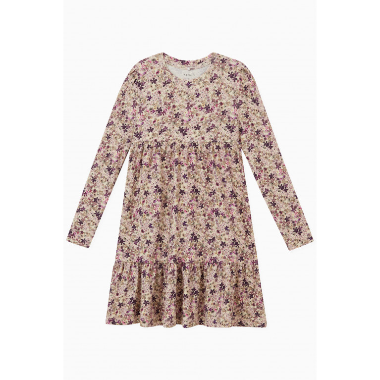 Name It - Floral Print Tiered Dress in Cotton Modal Neutral