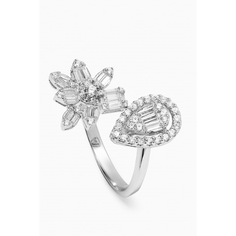 KHAILO SILVER - Flower & Pear-shaped Crystal Open Ring in Sterling Silver