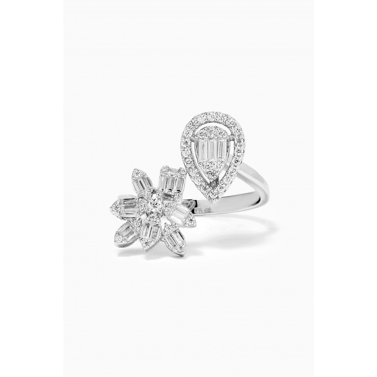 KHAILO SILVER - Flower & Pear-shaped Crystal Open Ring in Sterling Silver