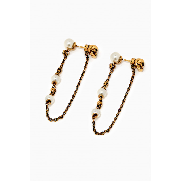 Alexander McQueen - Pearl Skull Drop Chain Earrings in Brass