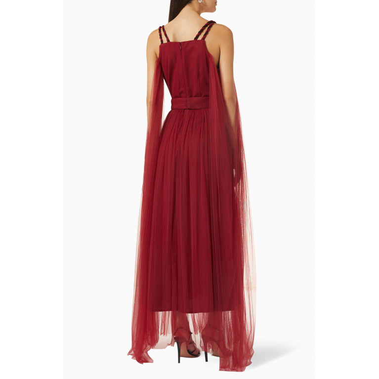 NASS - Pleated V-neck Midi Dress in Tulle Red