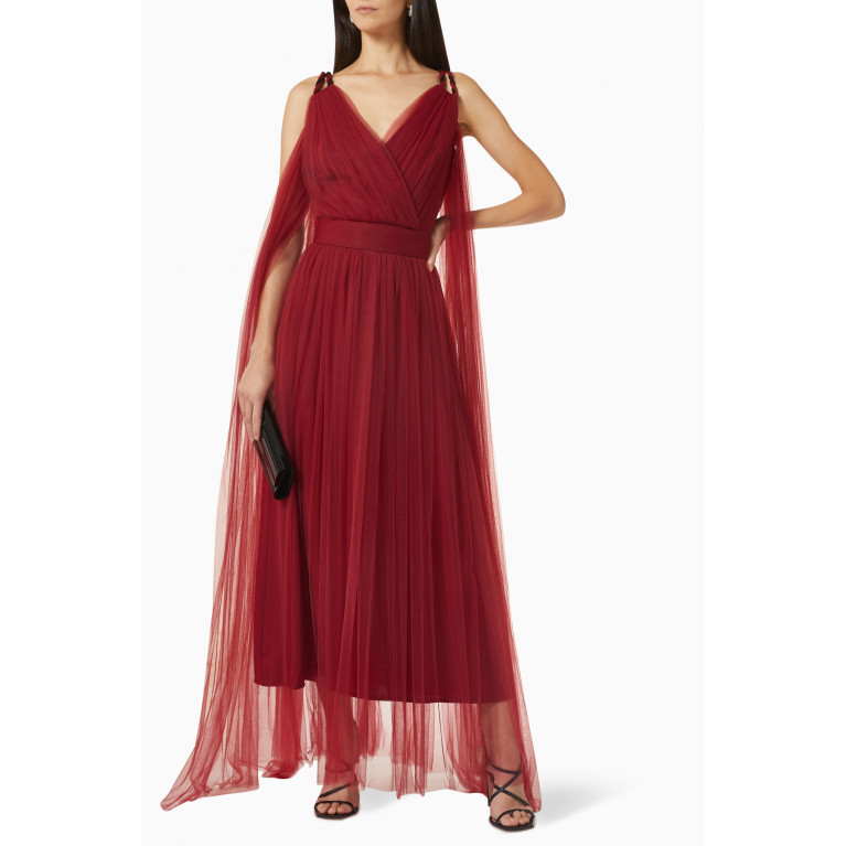 NASS - Pleated V-neck Midi Dress in Tulle Red