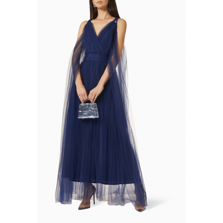 NASS - Pleated V-neck Midi Dress in Tulle Blue