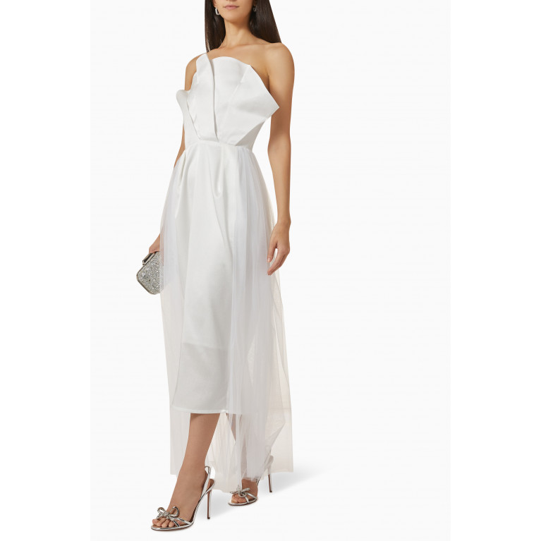 NASS - Strapless Ruffled Midi Dress in Crêpe & Tulle White