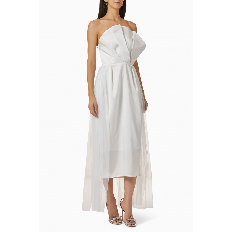 NASS - Strapless Ruffled Midi Dress in Crêpe & Tulle White