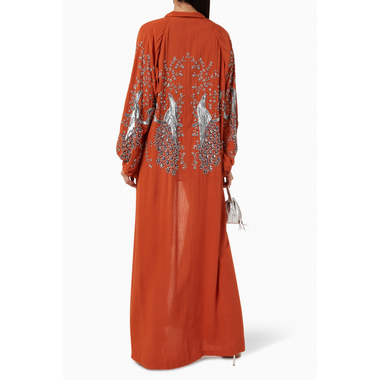 Sara Bostani - Embroidered Peacock Abaya in Linen