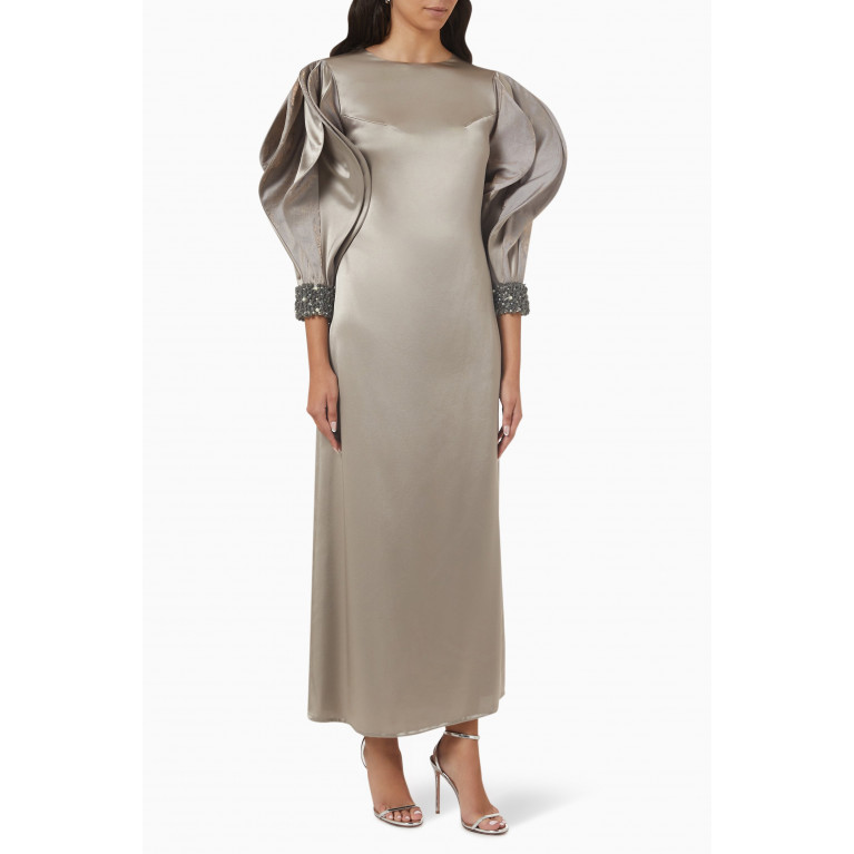 The Orphic - Petal-sleeves Maxi Dress in Satin