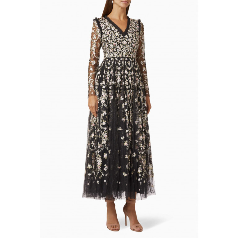 Needle & Thread - Victoria Ditsy Embroidered Gown in Tulle Black