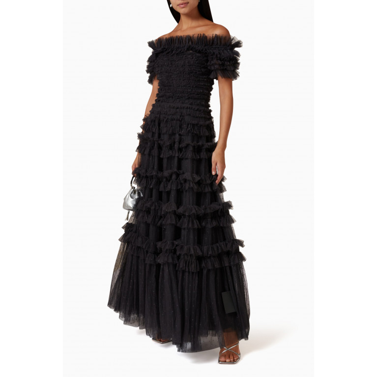 Needle & Thread - Lisette Ruffle Off-shoulder Gown in Recycled Tulle Black