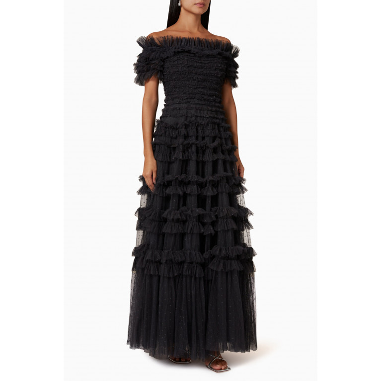Needle & Thread - Lisette Ruffle Off-shoulder Gown in Recycled Tulle Black