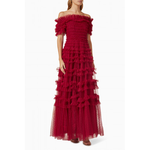 Needle & Thread - Lisette Ruffle Off-shoulder Gown in Recycled Tulle Red