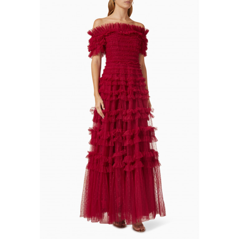 Needle & Thread - Lisette Ruffle Off-shoulder Gown in Recycled Tulle Red