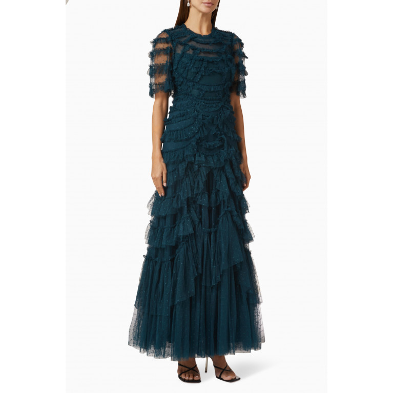 Needle & Thread - Marilla Ruffled Gown in Recycled Tulle Green
