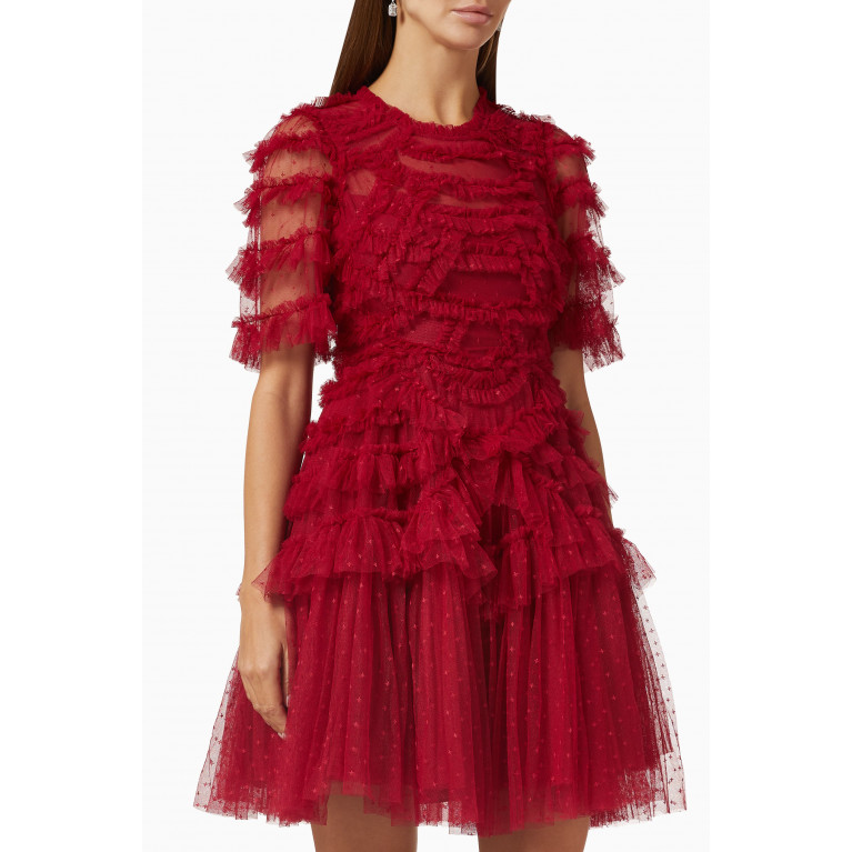 Needle & Thread - Marilla Ruffled Mini Dress in Recycled Tulle Red