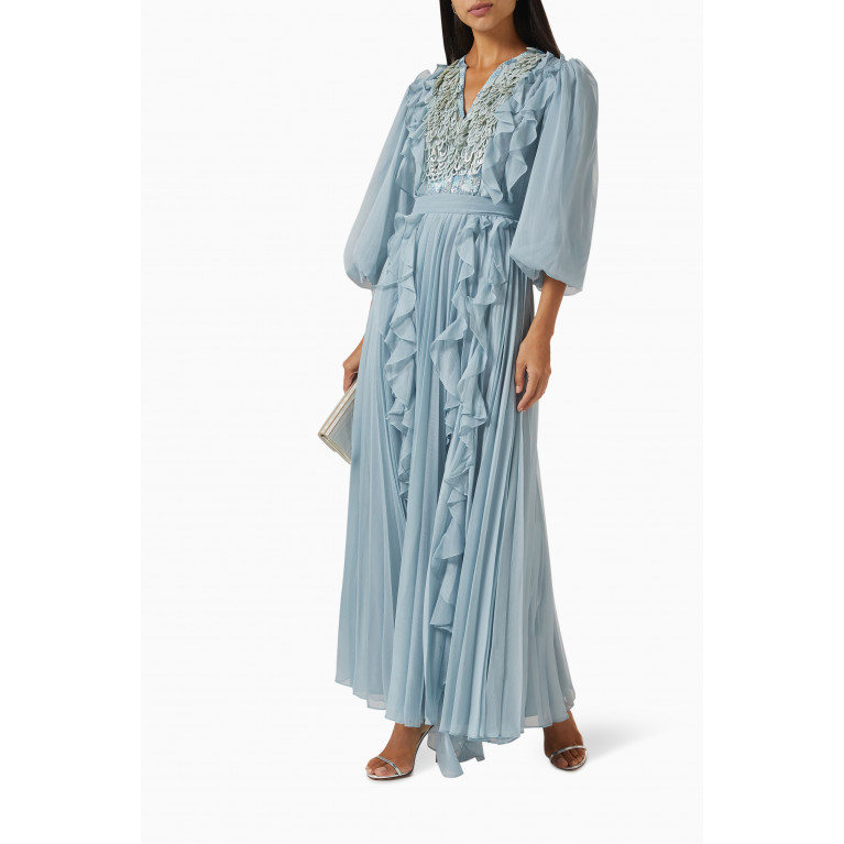 Pankaj & Nidhi - Kindred Ruffled Maxi Dress in Chiffon Blue