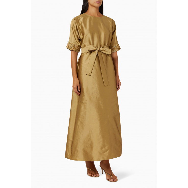 SHATHA ESSA - Embellished-cuff Belted Maxi Dress in Raw-silk