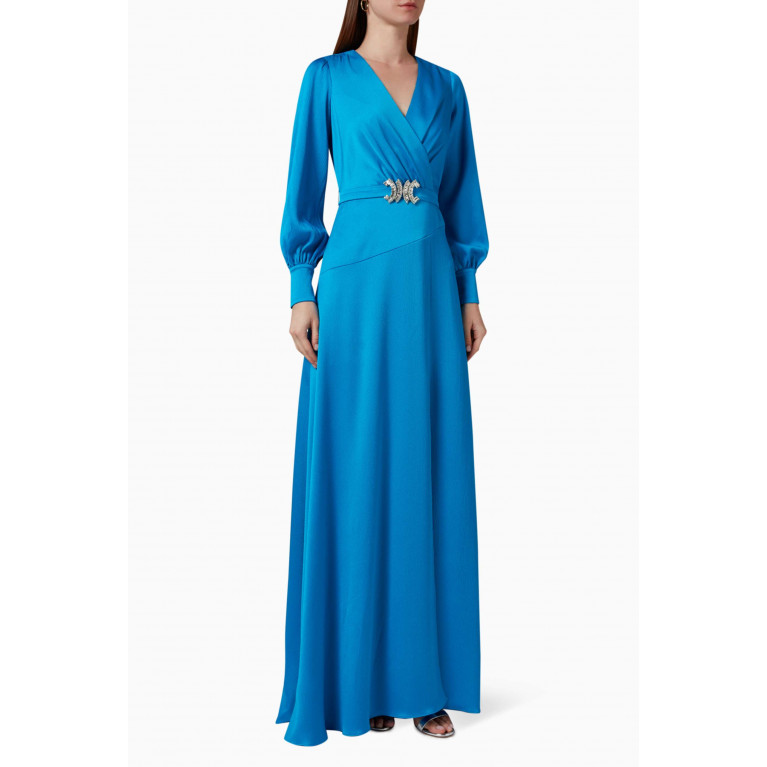 Teri Jon - Crystal-embellished Belted Gown in Satin