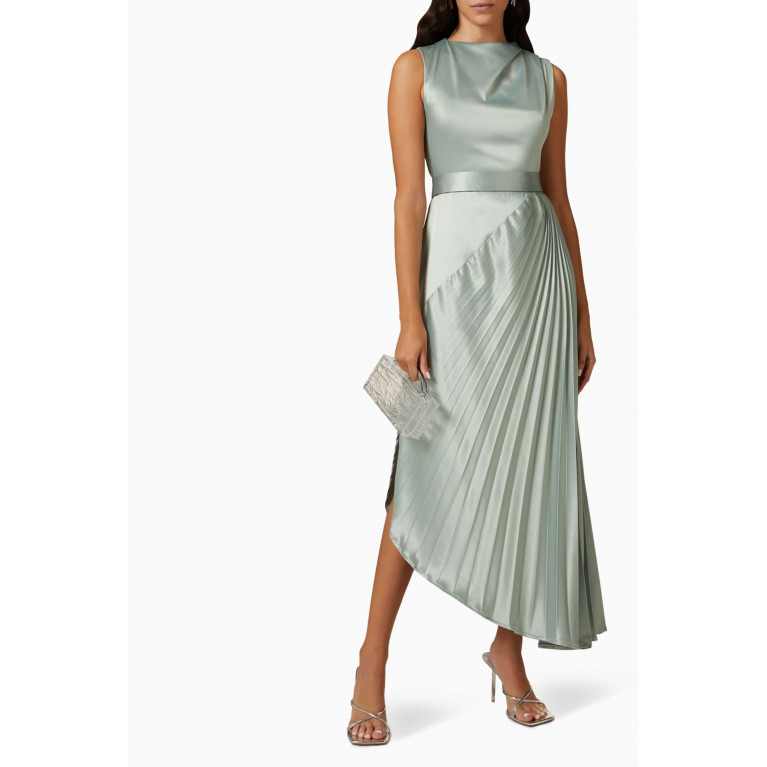 NASS - Asymmetric Pleated Dress in Satin Green