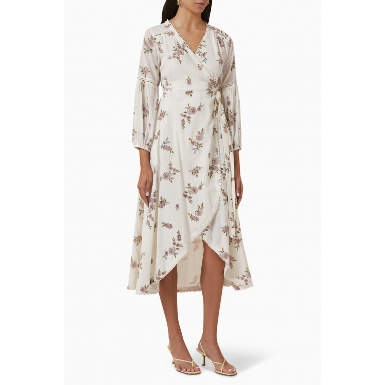 Khara Kapas - Ikigai Floral -print Midi Wrap Dress in Cotton