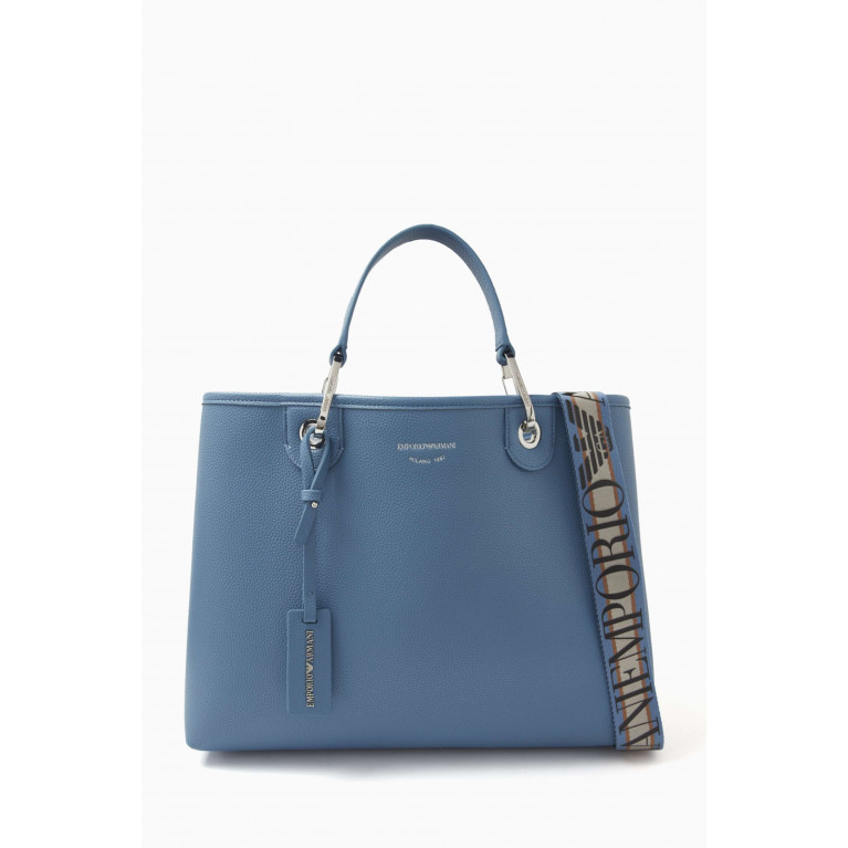 Emporio Armani - Medium Logo-embossed Tote Bag in Faux Leather Blue