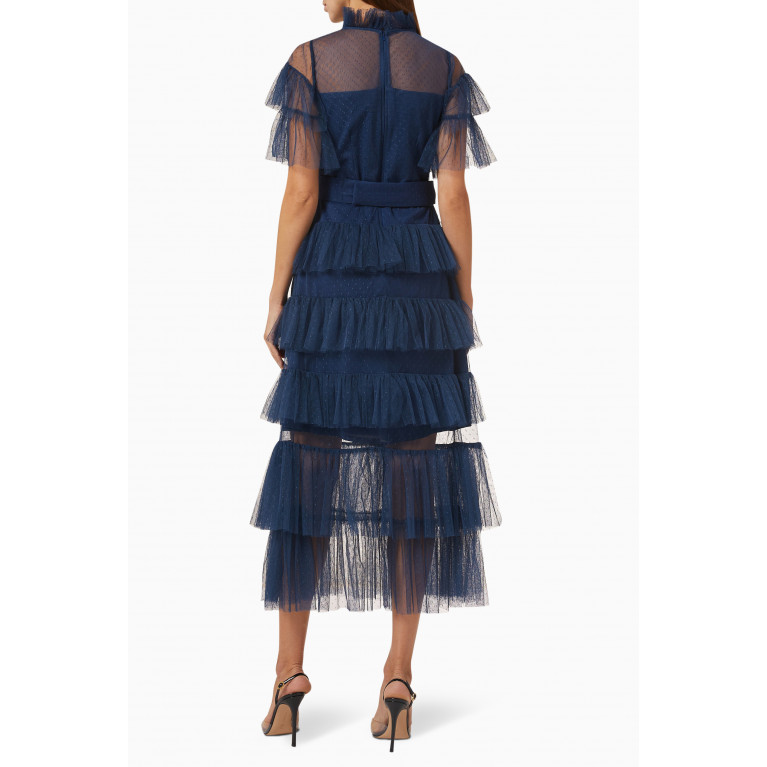Amri - Tiered Midi Dress in Dotted-tulle Blue