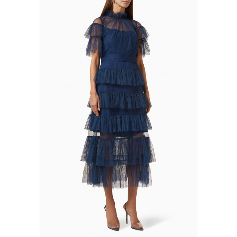Amri - Tiered Midi Dress in Dotted-tulle Blue