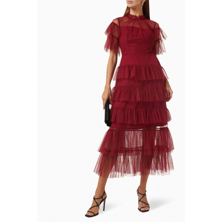 Amri - Tiered Midi Dress in Dotted-tulle Red