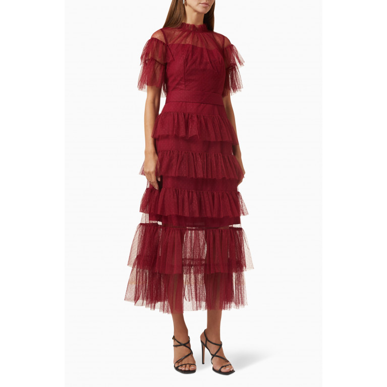 Amri - Tiered Midi Dress in Dotted-tulle Red