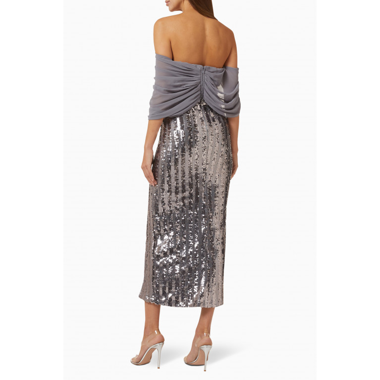 Amri - Off-shoulder Midi Dress in Sequin Grey