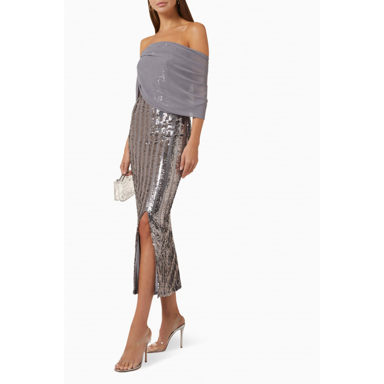 Amri - Off-shoulder Midi Dress in Sequin Grey