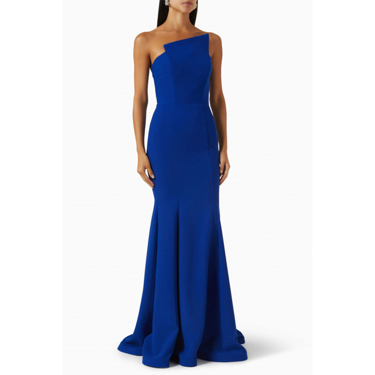 Nicole Bakti - Structured Strapless Gown in Pebbled Crepe Blue