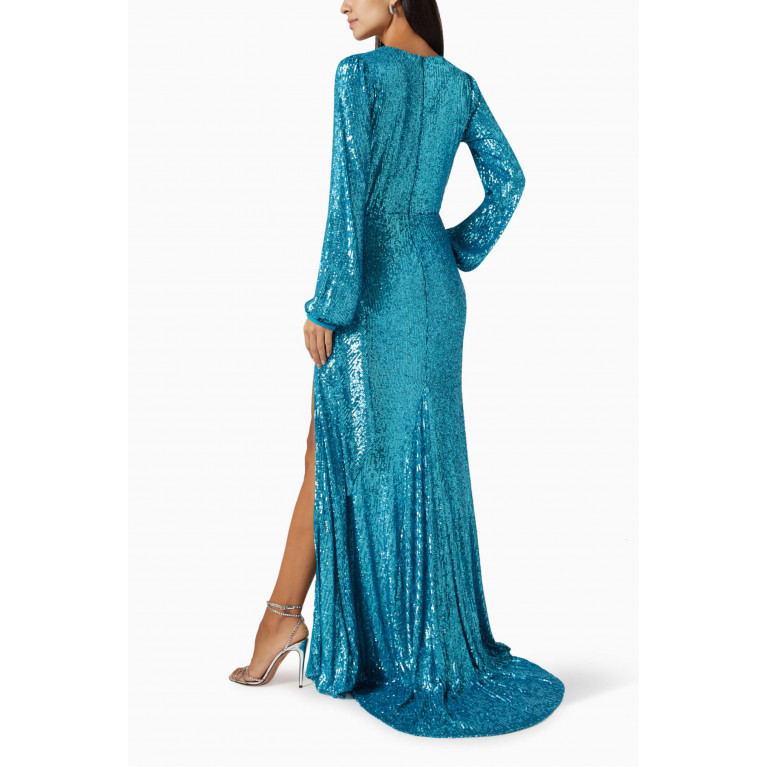 Nicole Bakti - V-neck Sequin-embellished Gown Blue