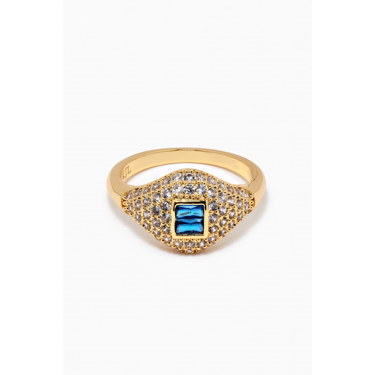 CZ by Kenneth Jay Lane - CZ Pavé Crystal Pinky Signet Ring in 14kt Gold-plated Brass Blue