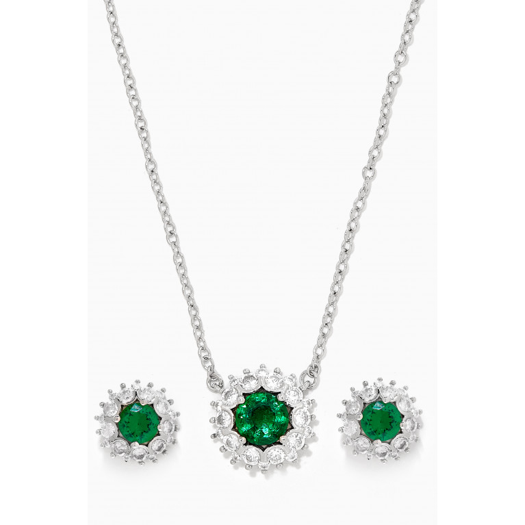 CZ by Kenneth Jay Lane - Halo Necklace & Earrings Set in Rhodium-plated Brass