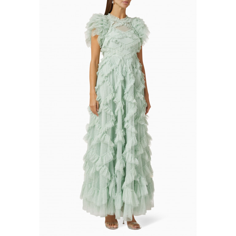 Needle & Thread - Genevieve Ruffled Gown in Tulle Green